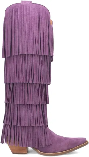 Dingo Womens Wild Child Fringe Snip Toe Pull On Casual Boots Over the Knee Mid Heel 2-3" - Purple