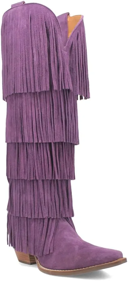 Dingo Womens Wild Child Fringe Snip Toe Pull On Casual Boots Over the Knee Mid Heel 2-3" - Purple