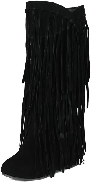 DINTAHA Fringe Suede Boots Flat Knee High Boots With Tassel Long Tall Pull On Boots
