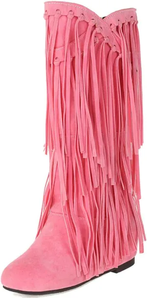 DINTAHA Fringe Suede Boots Flat Knee High Boots With Tassel Long Tall Pull On Boots
