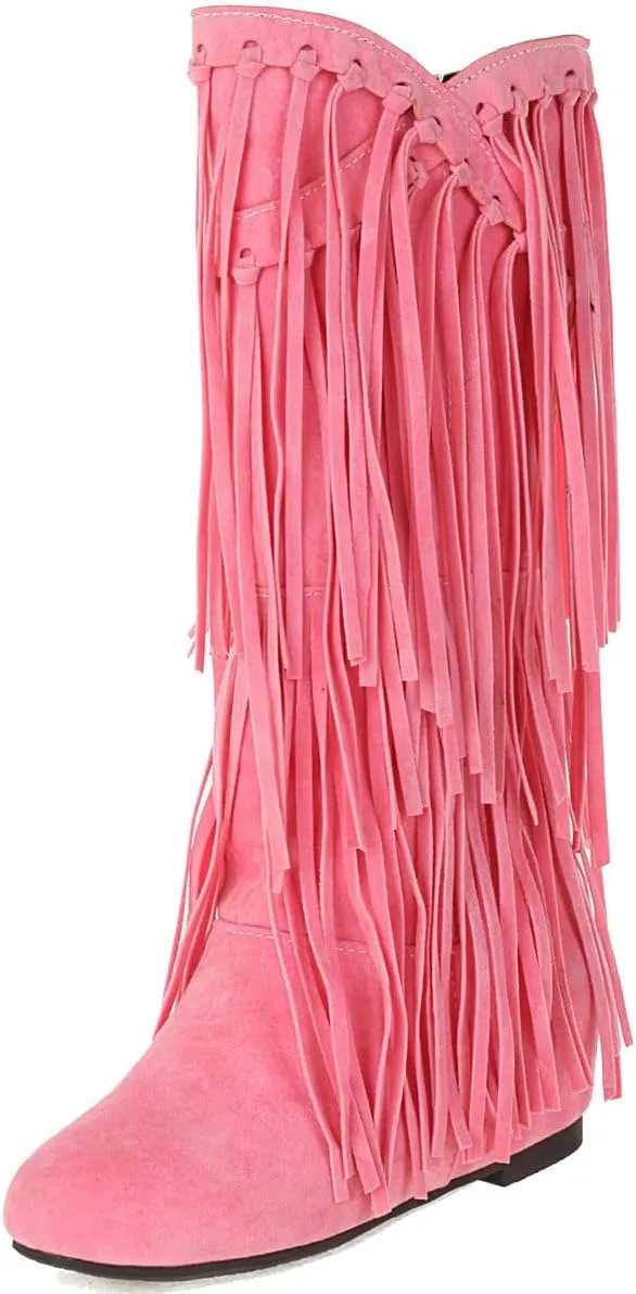 DINTAHA Fringe Suede Boots Flat Knee High Boots With Tassel Long Tall Pull On Boots