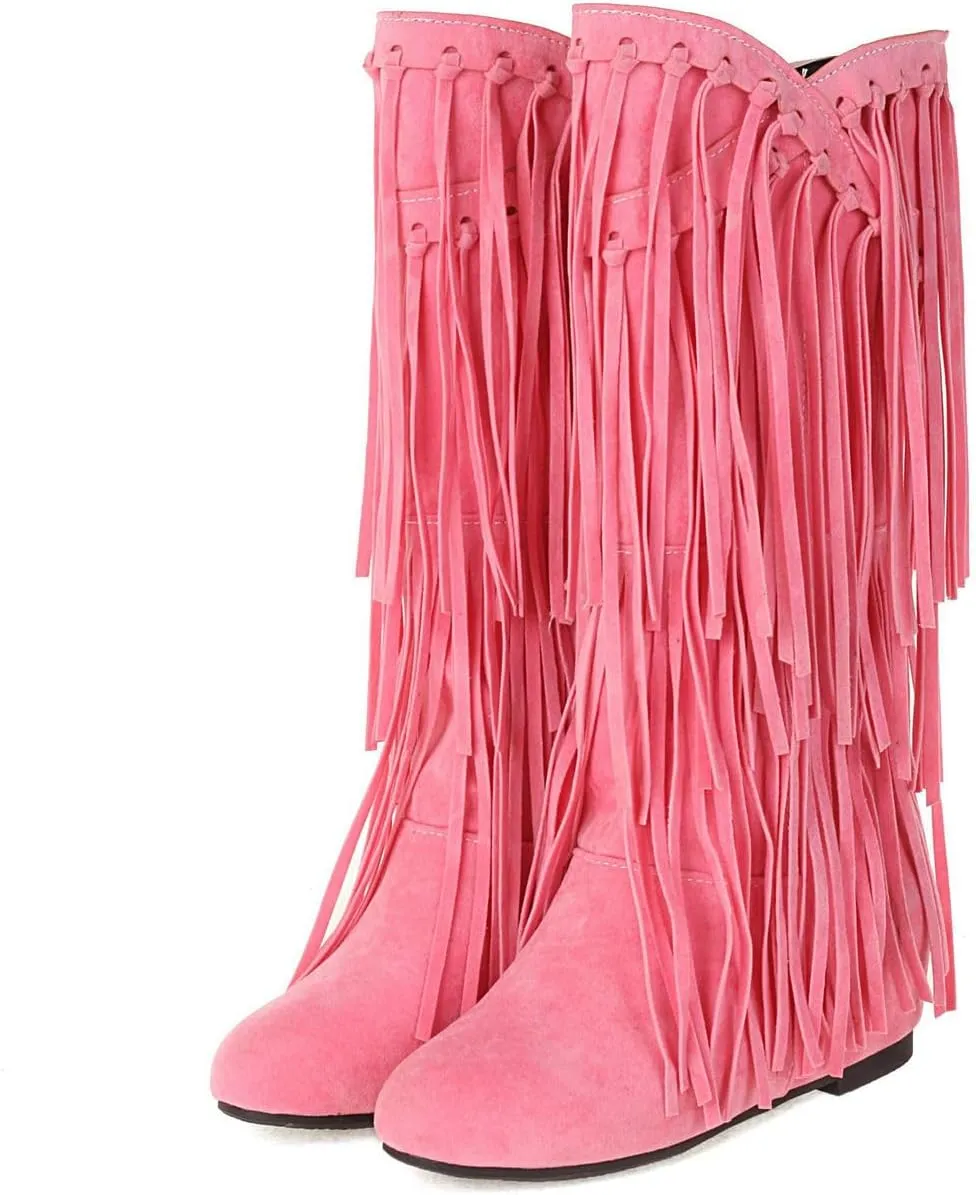 DINTAHA Fringe Suede Boots Flat Knee High Boots With Tassel Long Tall Pull On Boots