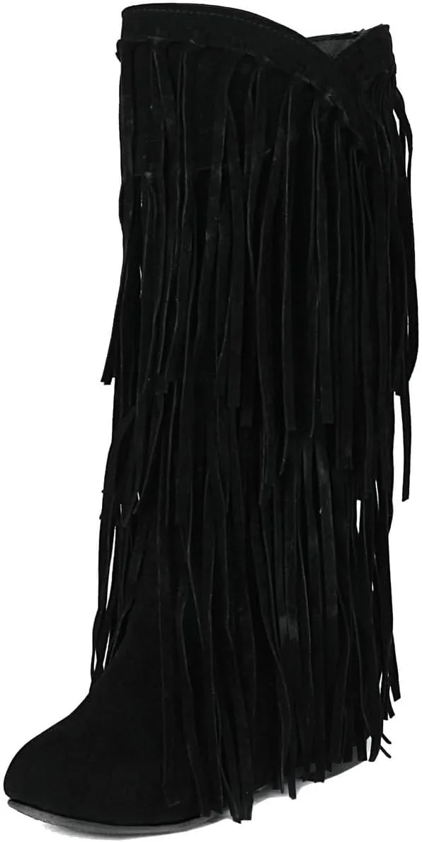 DINTAHA Fringe Suede Boots Flat Knee High Boots With Tassel Long Tall Pull On Boots