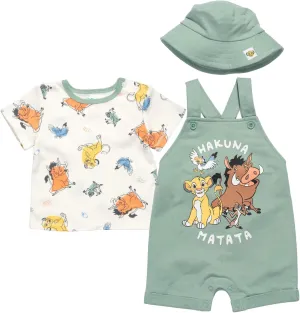 Disney Junior Baby French Terry Short Overalls, T-Shirt and Hat 3 Piece Outfit Set Newborn to Infant Sizes (OS - 24 Months)