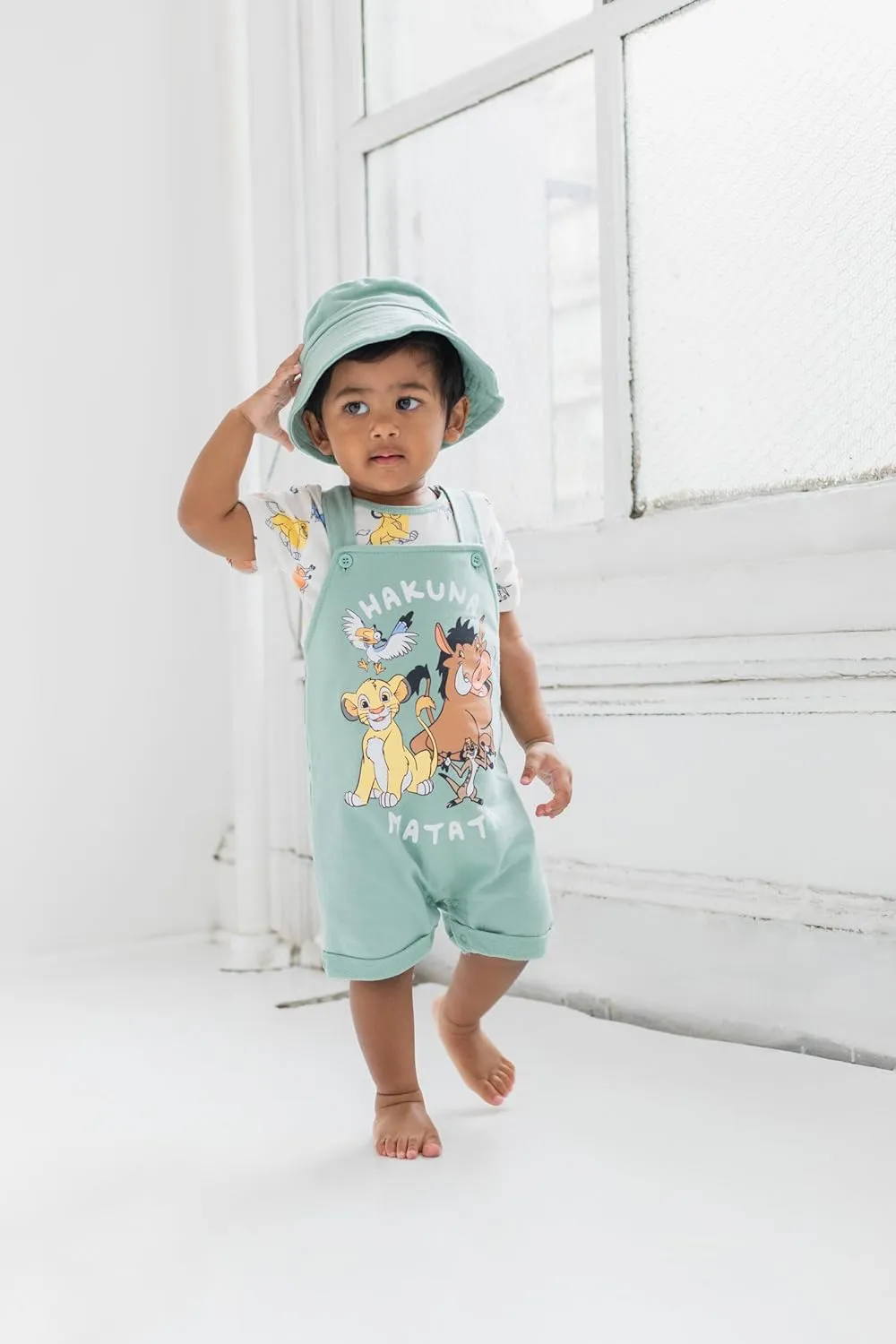 Disney Junior Baby French Terry Short Overalls, T-Shirt and Hat 3 Piece Outfit Set Newborn to Infant Sizes (OS - 24 Months)