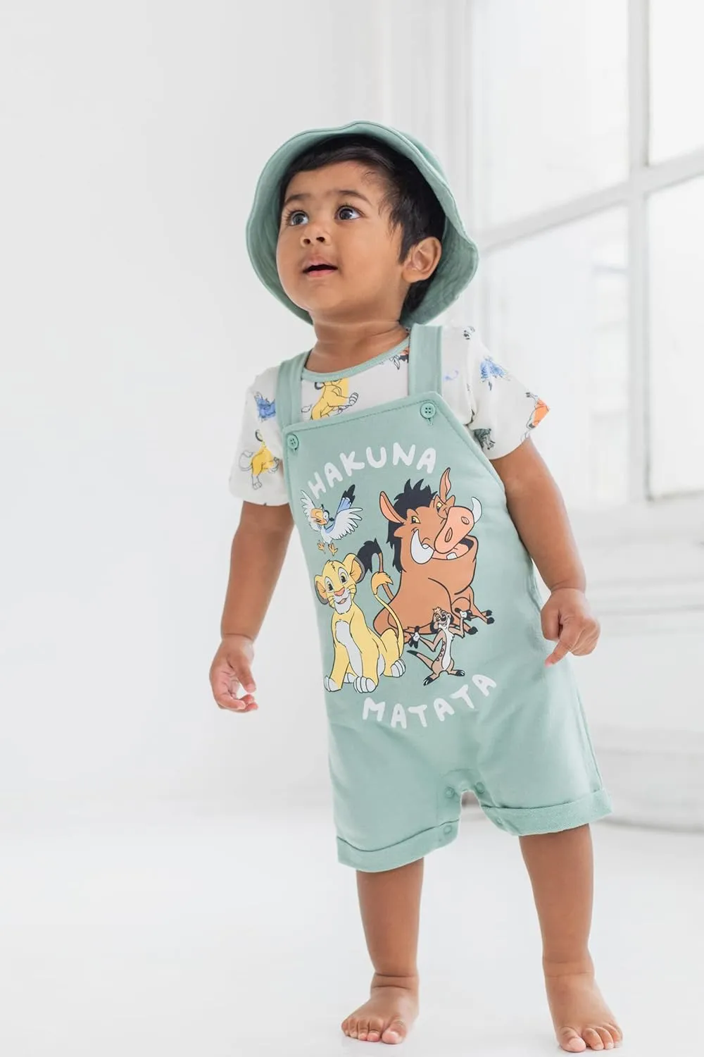 Disney Junior Baby French Terry Short Overalls, T-Shirt and Hat 3 Piece Outfit Set Newborn to Infant Sizes (OS - 24 Months)