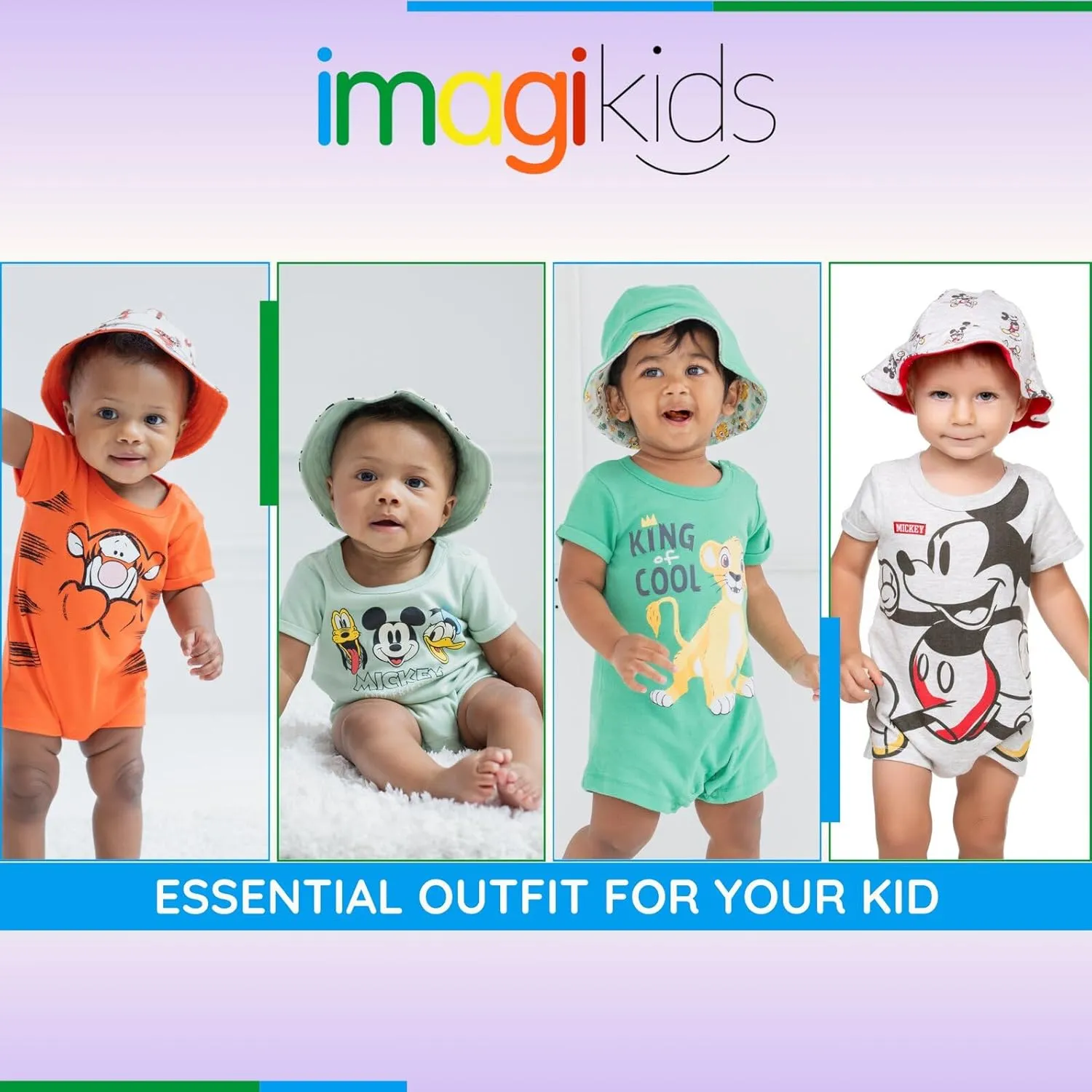 Disney Lion King Mickey Mouse Winnie the Pooh Jack Skellington Lilo & Stitch Baby Romper & Bucket Sun Hat Newborn to Infant