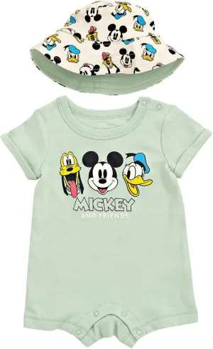 Disney Lion King Mickey Mouse Winnie the Pooh Jack Skellington Lilo & Stitch Baby Romper & Bucket Sun Hat Newborn to Infant