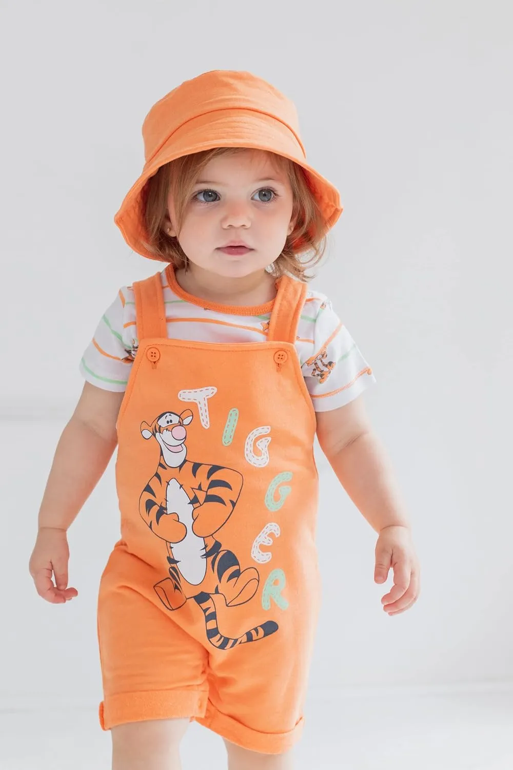 Disney Tigger Winnie the Pooh Baby French Terry Short Overalls T-Shirt and Hat 3 Piece Outfit Set Newborn to Infant