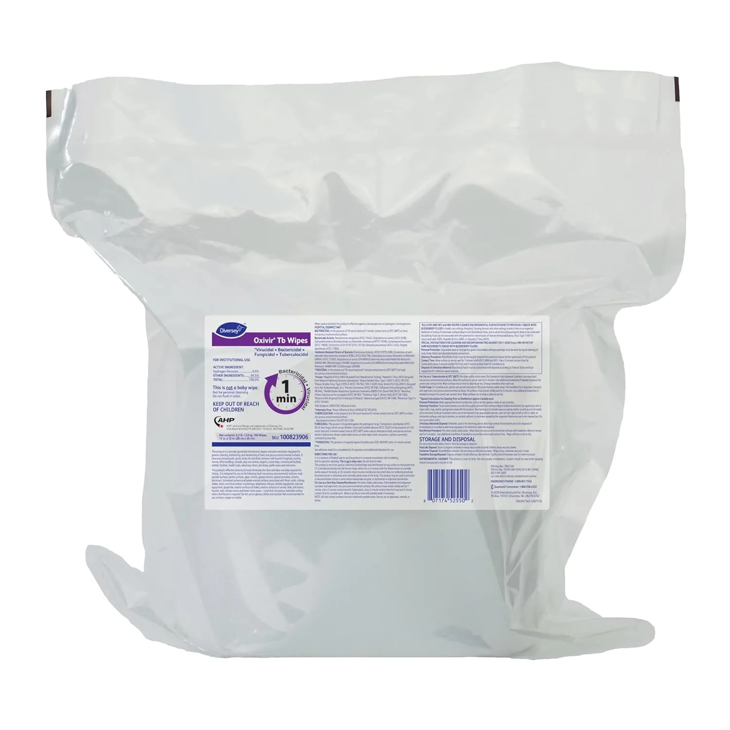 Diversey Oxivir Tb 100823906 Ready-to-Use Disinfectant Cleaning Wipes Refill Pouch, 11x12-Inch Extra Large Size Sheets, 160-Wipes, 1-Refill Bag