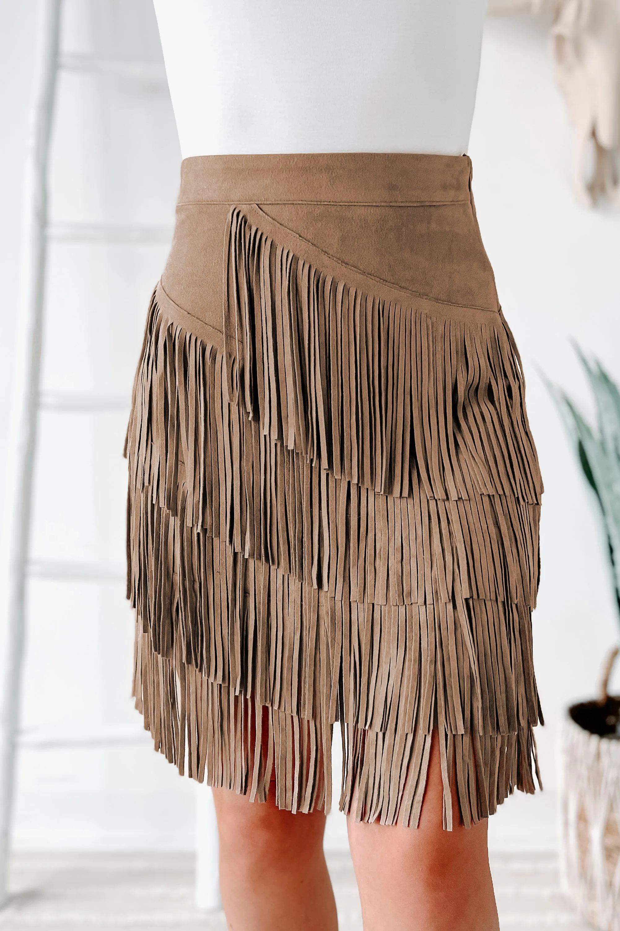 Dixie Delight Faux Suede Fringe Skirt (Taupe)
