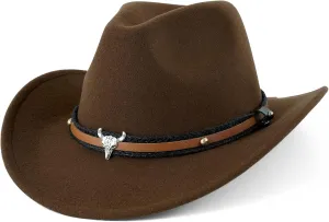 DOCILA Unisex Western Cowboy Hat Faux Fur Felt Cowgirl Hats American Fedora Hats Outdoor Wide Brim Rodeo Hat with Strap