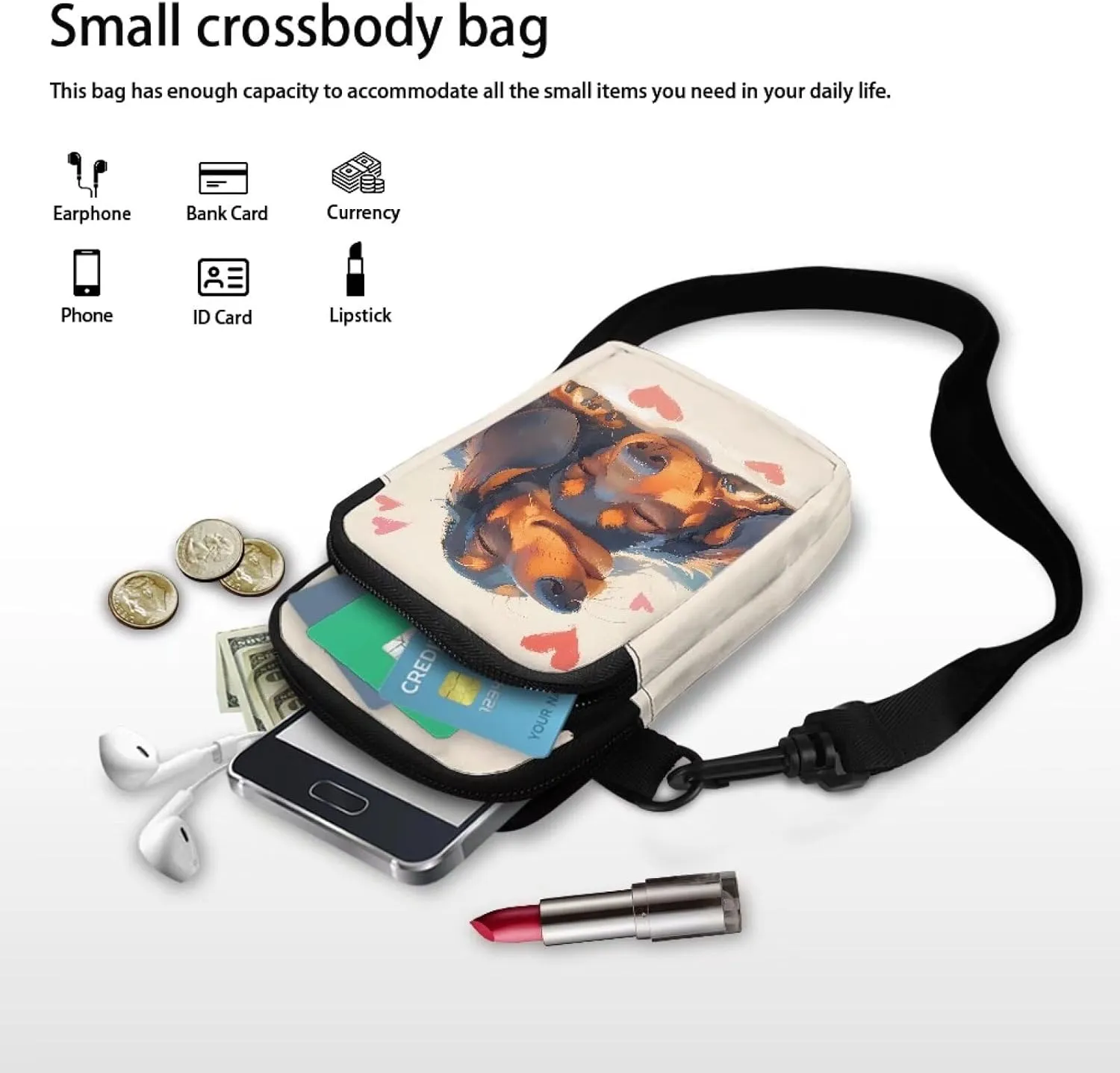Dog Tiger Crossbody Bags for Women, Rose Daisy Small Crossbody Handbags, Cow Print Stained Glass Mini Cell Phone Bag