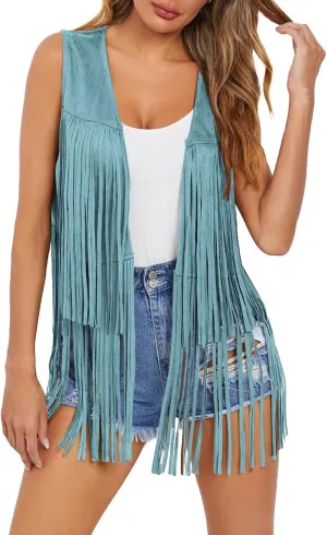 Dokotoo Womens Fringe Vest 70s Hippie Costume Sleeveless Cowgirl Western Faux Suede Tassel Leather Outerwear