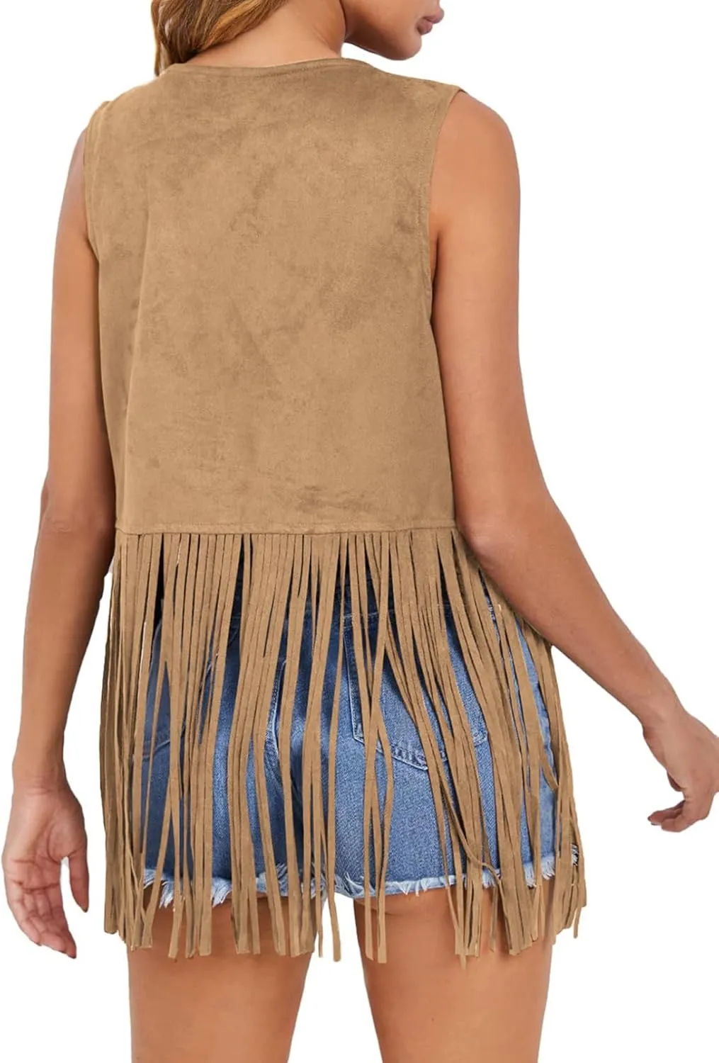 Dokotoo Womens Fringe Vest 70s Hippie Costume Sleeveless Cowgirl Western Faux Suede Tassel Leather Outerwear