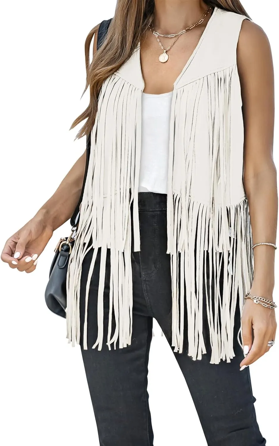 Dokotoo Womens Fringe Vest 70s Hippie Costume Sleeveless Cowgirl Western Faux Suede Tassel Leather Outerwear