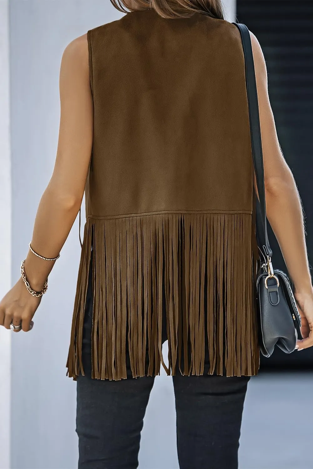 Dokotoo Womens Fringe Vest 70s Hippie Costume Sleeveless Cowgirl Western Faux Suede Tassel Leather Outerwear