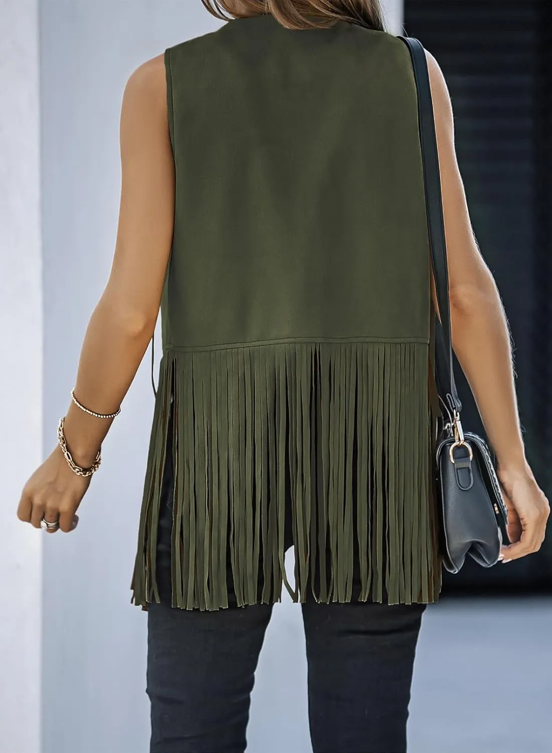 Dokotoo Womens Fringe Vest 70s Hippie Costume Sleeveless Cowgirl Western Faux Suede Tassel Leather Outerwear