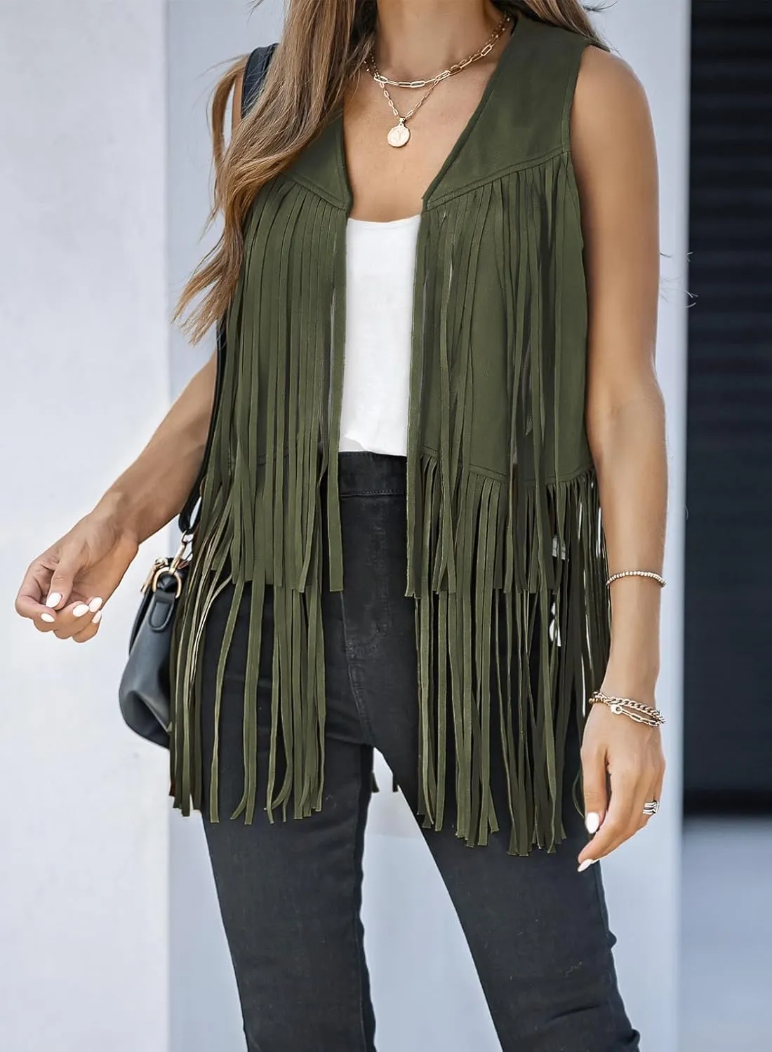 Dokotoo Womens Fringe Vest 70s Hippie Costume Sleeveless Cowgirl Western Faux Suede Tassel Leather Outerwear