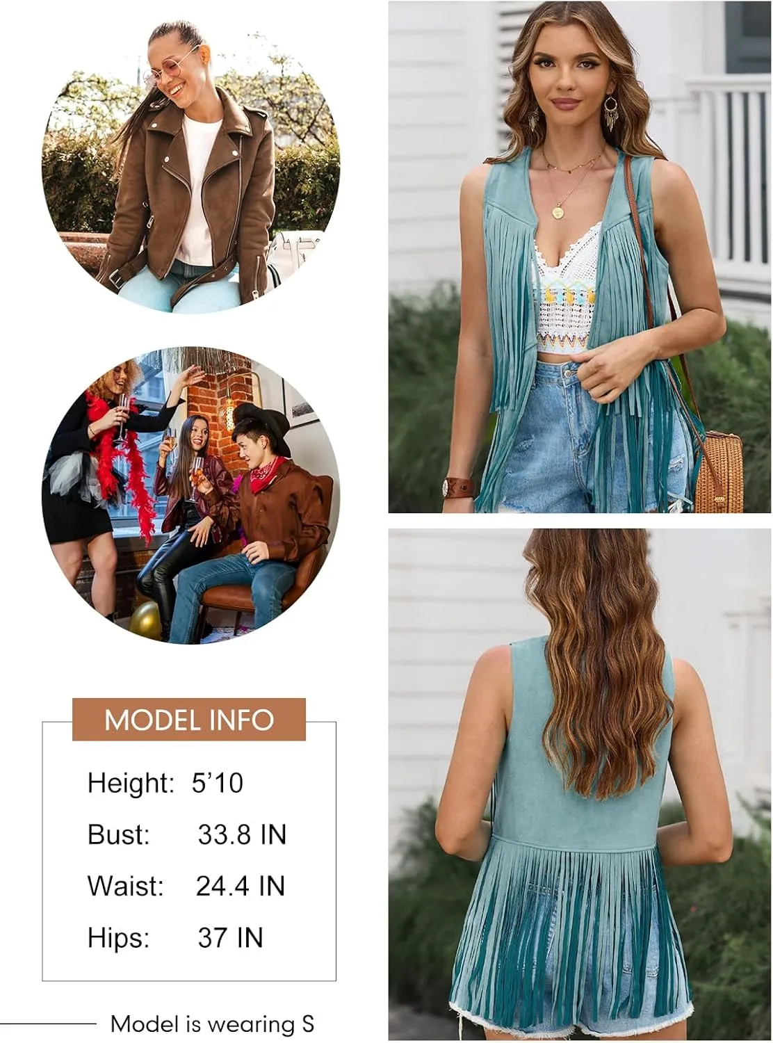 Dokotoo Womens Fringe Vest 70s Hippie Costume Sleeveless Cowgirl Western Faux Suede Tassel Leather Outerwear
