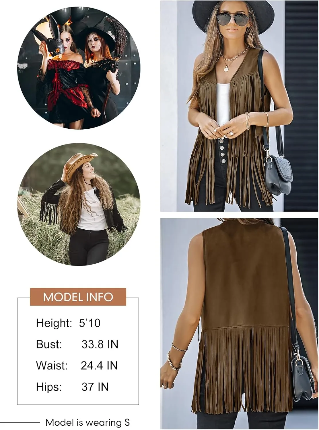 Dokotoo Womens Fringe Vest 70s Hippie Costume Sleeveless Cowgirl Western Faux Suede Tassel Leather Outerwear