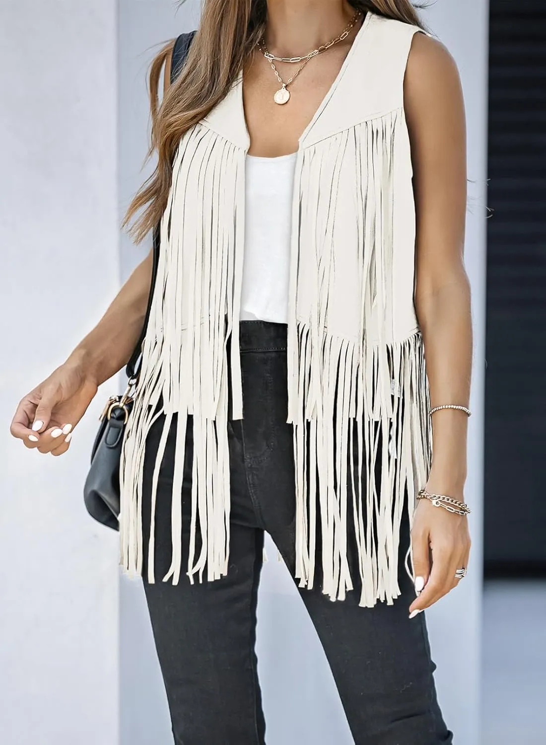 Dokotoo Womens Fringe Vest 70s Hippie Costume Sleeveless Cowgirl Western Faux Suede Tassel Leather Outerwear
