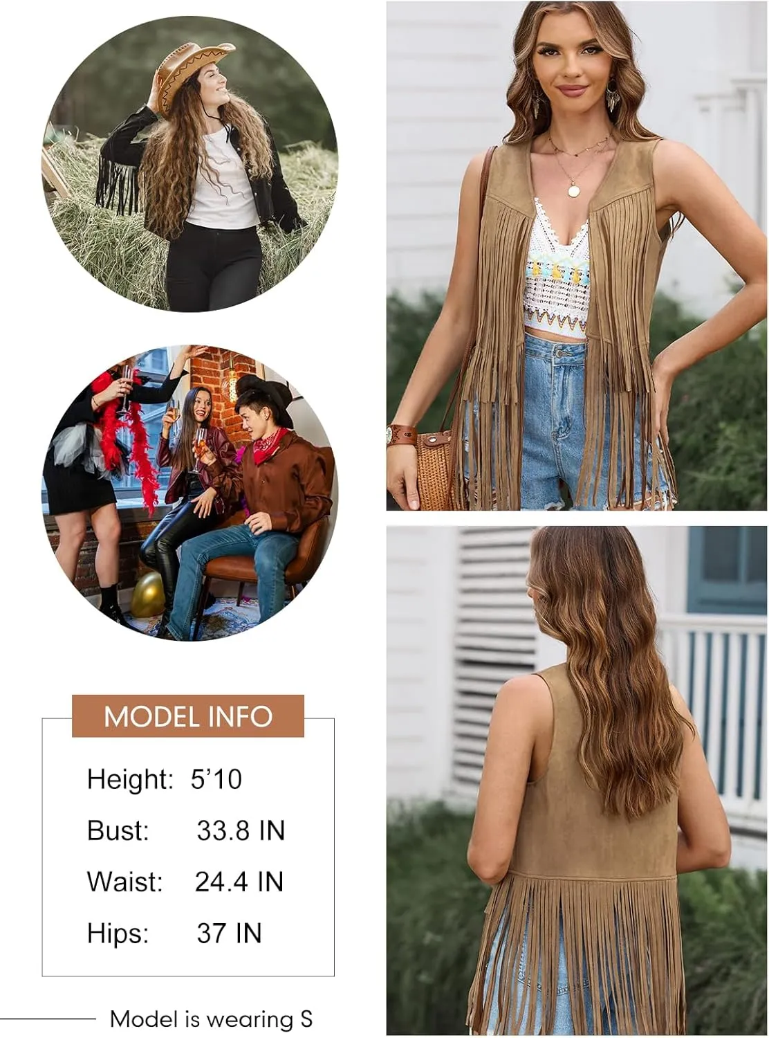 Dokotoo Womens Fringe Vest 70s Hippie Costume Sleeveless Cowgirl Western Faux Suede Tassel Leather Outerwear