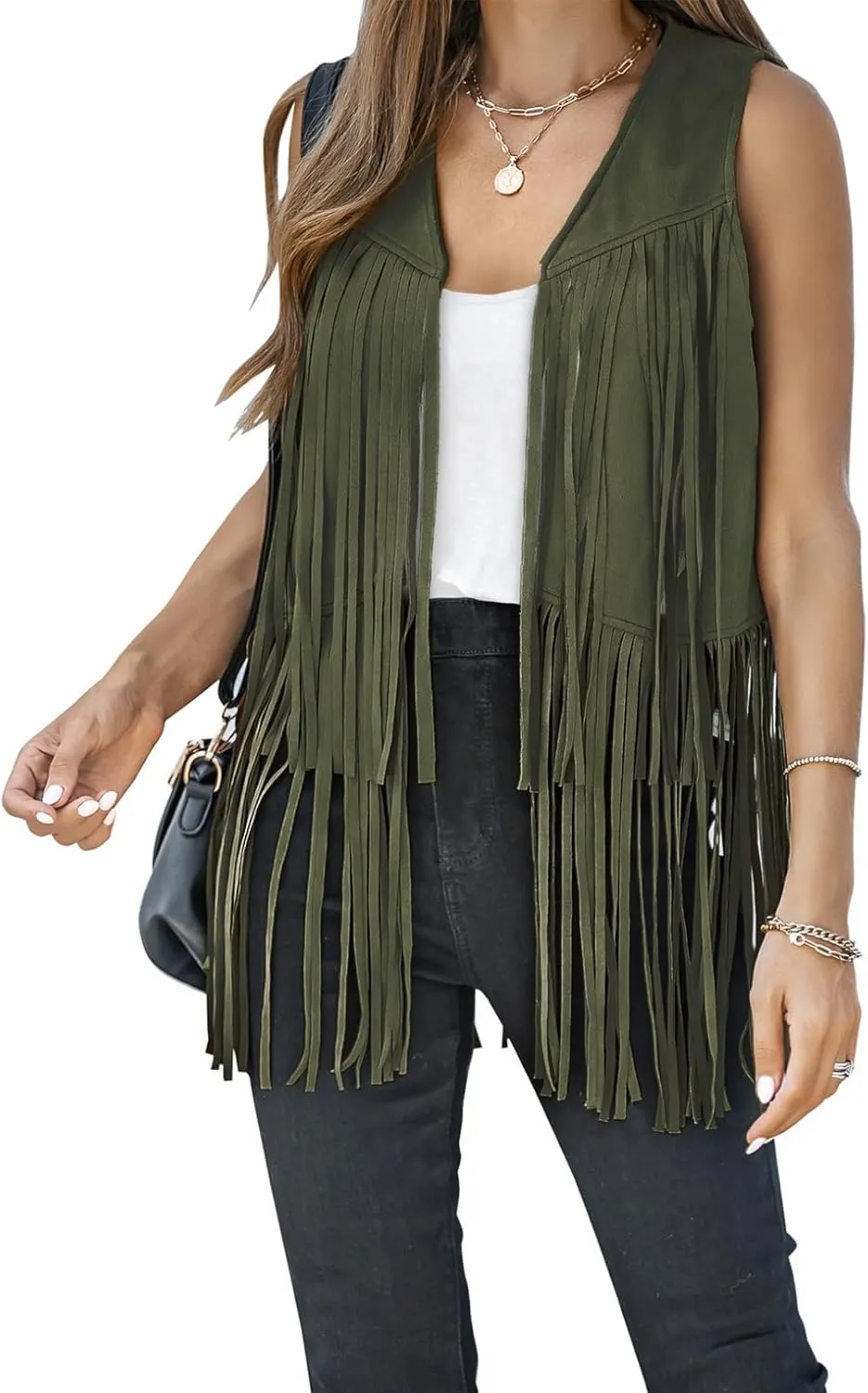 Dokotoo Womens Fringe Vest 70s Hippie Costume Sleeveless Cowgirl Western Faux Suede Tassel Leather Outerwear