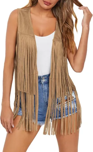 Dokotoo Womens Fringe Vest 70s Hippie Costume Sleeveless Cowgirl Western Faux Suede Tassel Leather Outerwear