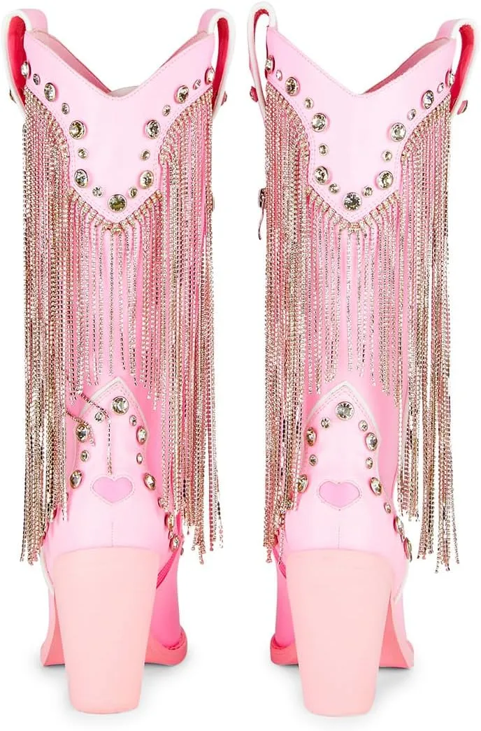 Dolls Kill Present Perfect Cowboy Boots by Sugar Thrillz - Vegan Leather Footwear With Rhinestone Fringe and Jewel Studs