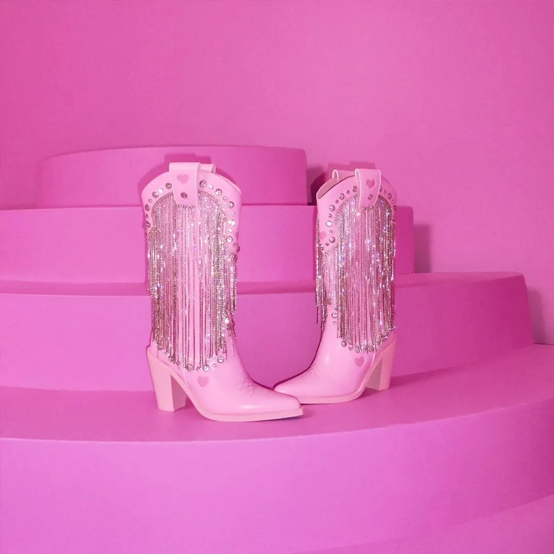 Dolls Kill Present Perfect Cowboy Boots by Sugar Thrillz - Vegan Leather Footwear With Rhinestone Fringe and Jewel Studs