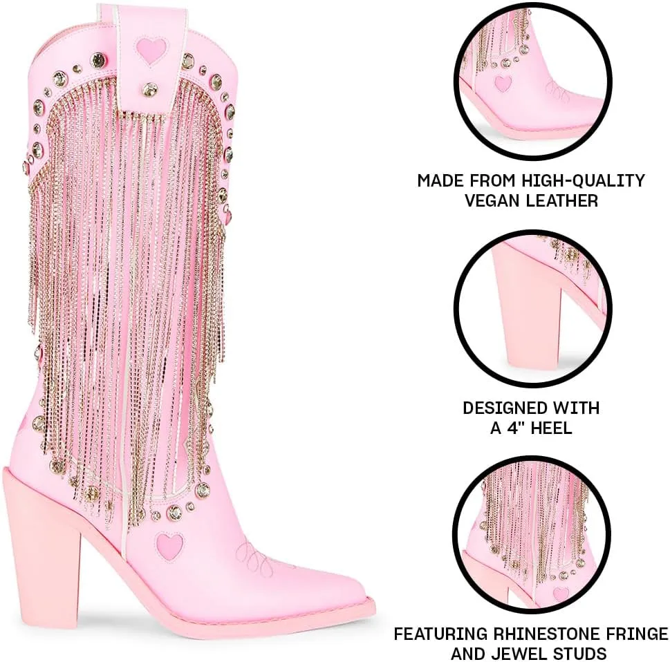 Dolls Kill Present Perfect Cowboy Boots by Sugar Thrillz - Vegan Leather Footwear With Rhinestone Fringe and Jewel Studs