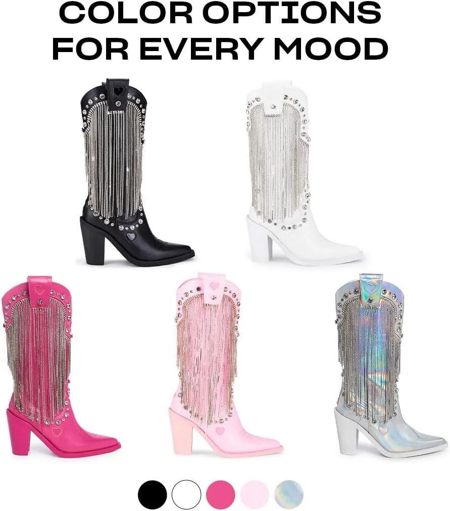 Dolls Kill Present Perfect Cowboy Boots by Sugar Thrillz - Vegan Leather Footwear With Rhinestone Fringe and Jewel Studs