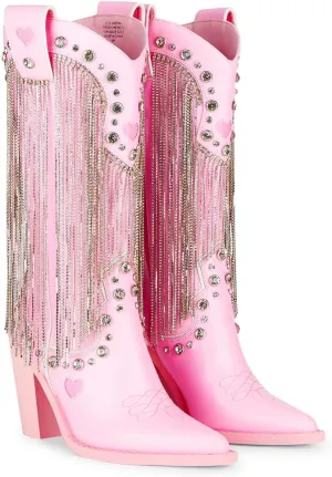 Dolls Kill Present Perfect Cowboy Boots by Sugar Thrillz - Vegan Leather Footwear With Rhinestone Fringe and Jewel Studs