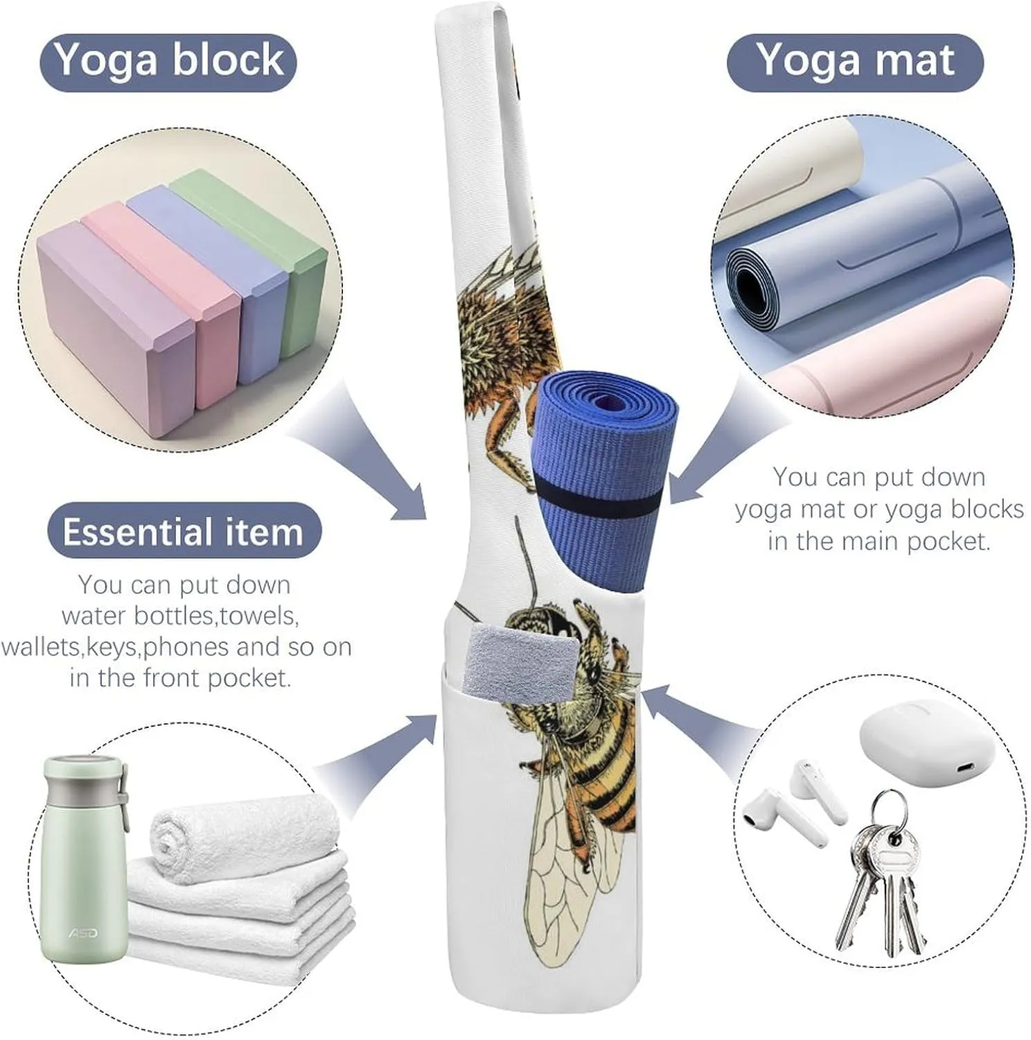 Donnapink Yoga Mat Bag, Canvas Storage Bag with Pocket Shoulder Strap, Fashion Mat Bag