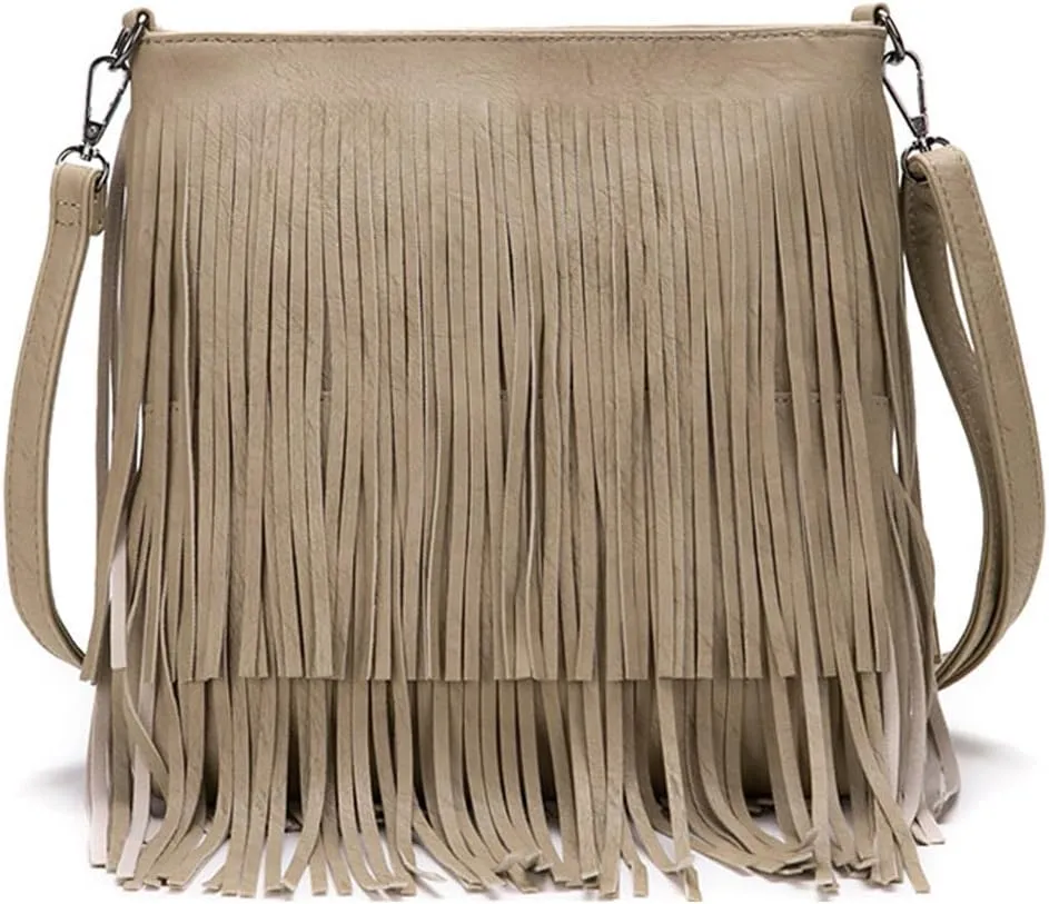Downupdown Fringe Crossbody Bag for Women PU Leather Satchel Handbag Shoulder Bag Hobo Purse Tassel Boho Bags Handbag