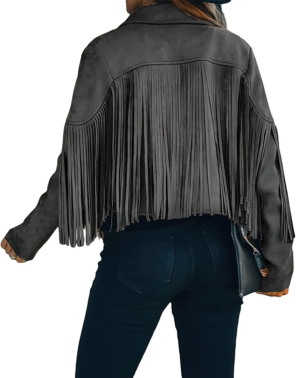 ebossy Women's Suede Fringe Jacket Long Sleeve Slim Faux Leather Boyfriend Cropped Top with Tassles