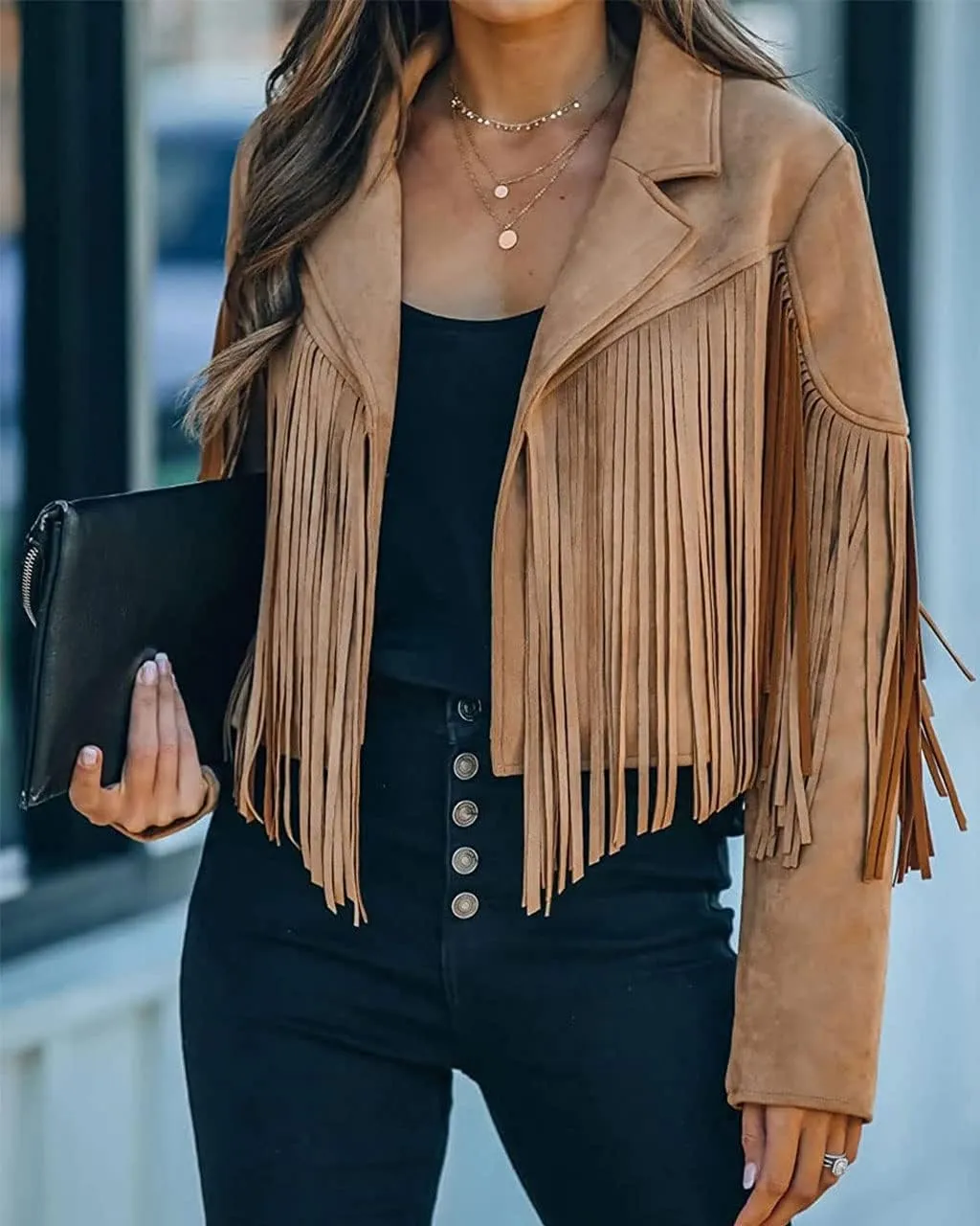 ebossy Women's Suede Fringe Jacket Long Sleeve Slim Faux Leather Boyfriend Cropped Top with Tassles