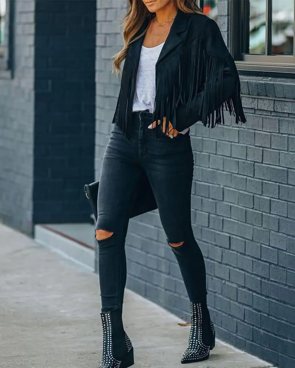 ebossy Women's Suede Fringe Jacket Long Sleeve Slim Faux Leather Boyfriend Cropped Top with Tassles