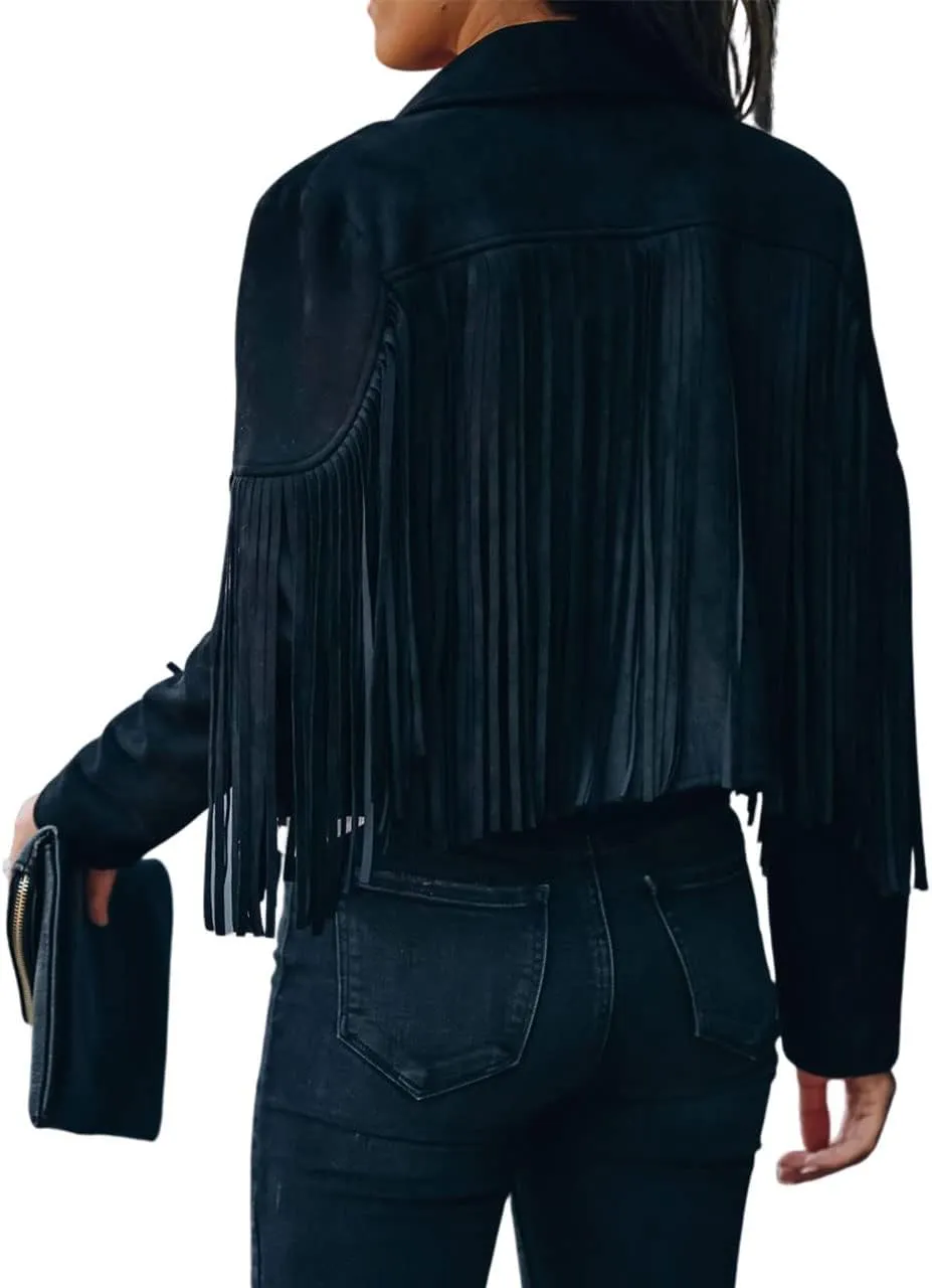 ebossy Women's Suede Fringe Jacket Long Sleeve Slim Faux Leather Boyfriend Cropped Top with Tassles