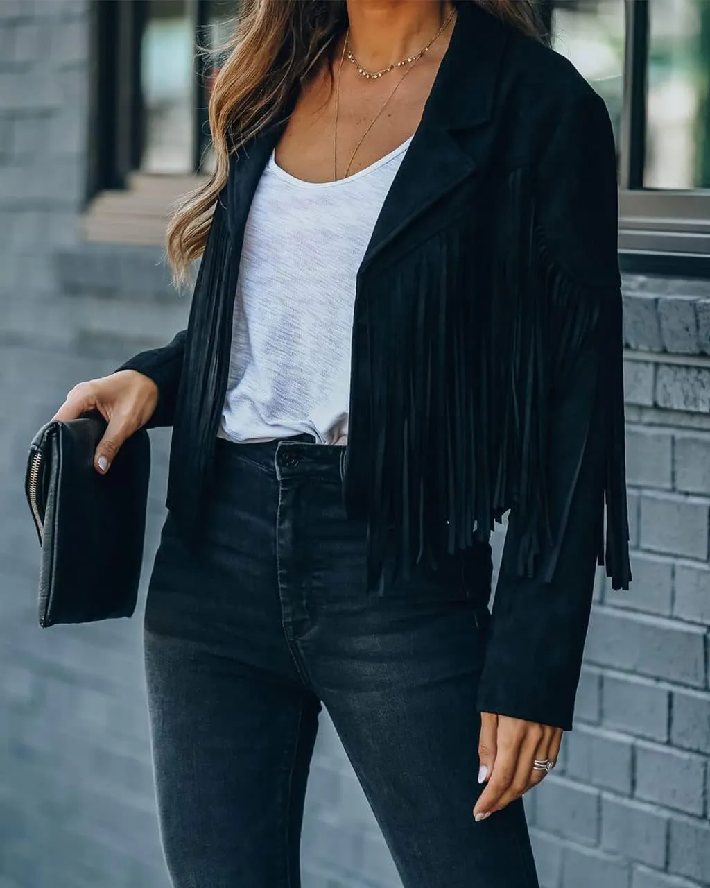 ebossy Women's Suede Fringe Jacket Long Sleeve Slim Faux Leather Boyfriend Cropped Top with Tassles