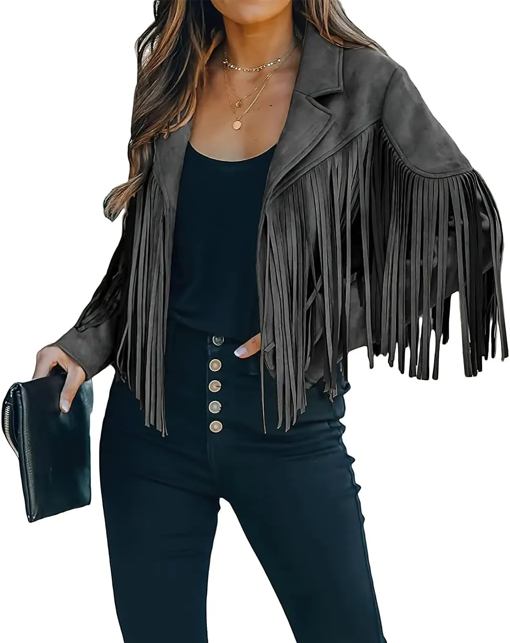 ebossy Women's Suede Fringe Jacket Long Sleeve Slim Faux Leather Boyfriend Cropped Top with Tassles