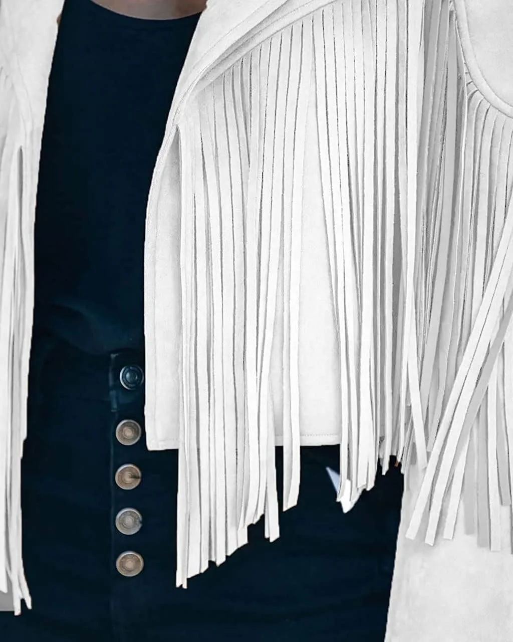 ebossy Women's Suede Fringe Jacket Long Sleeve Slim Faux Leather Boyfriend Cropped Top with Tassles