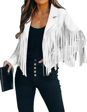 ebossy Women's Suede Fringe Jacket Long Sleeve Slim Faux Leather Boyfriend Cropped Top with Tassles