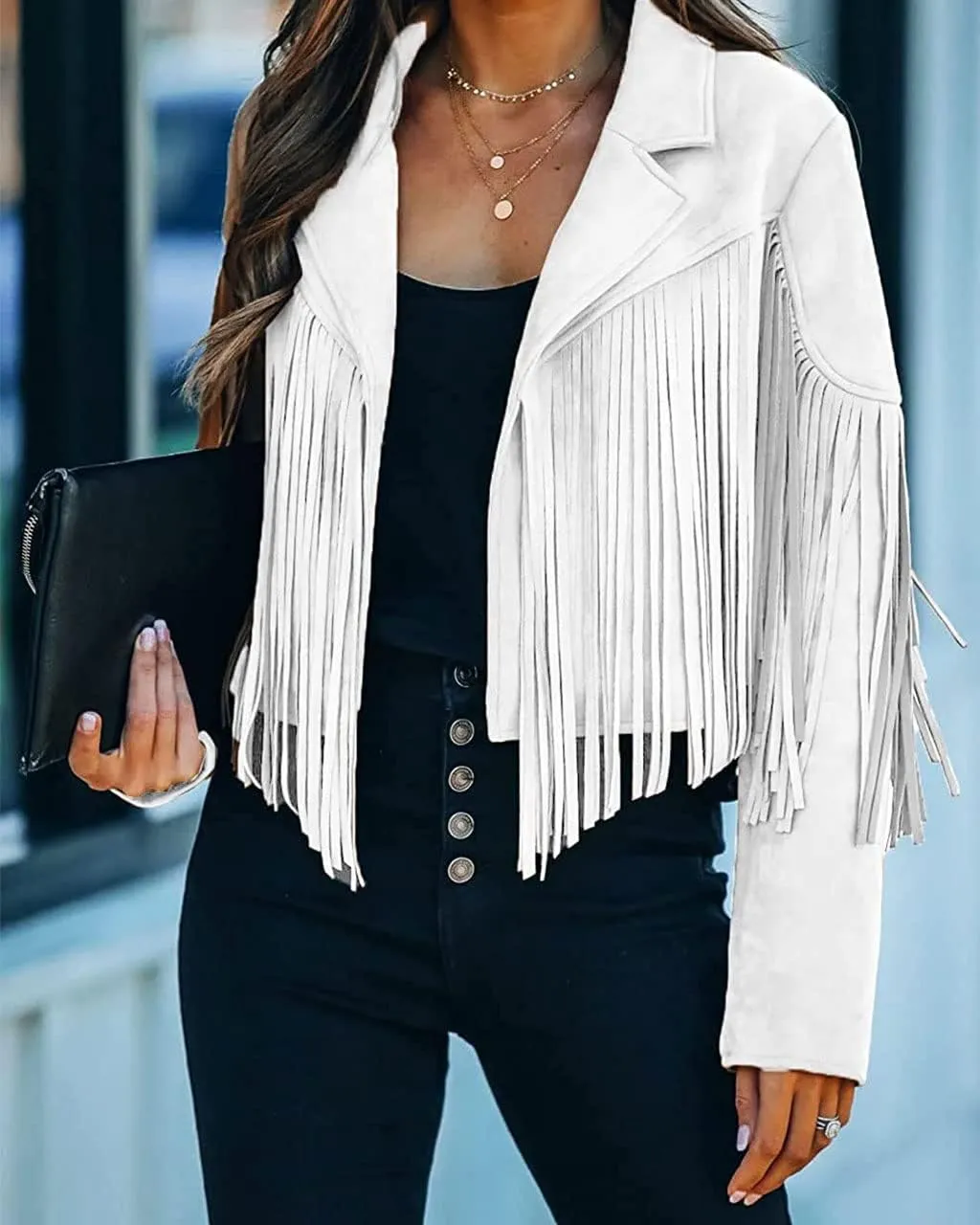 ebossy Women's Suede Fringe Jacket Long Sleeve Slim Faux Leather Boyfriend Cropped Top with Tassles