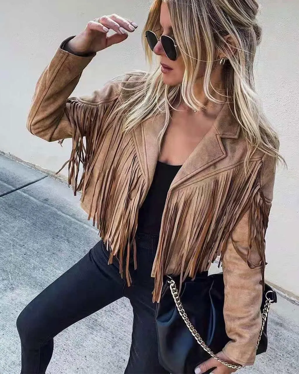 ebossy Women's Suede Fringe Jacket Long Sleeve Slim Faux Leather Boyfriend Cropped Top with Tassles