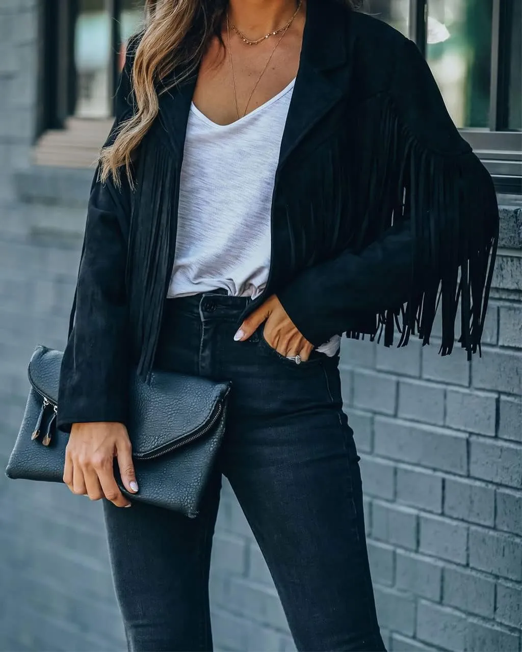 ebossy Women's Suede Fringe Jacket Long Sleeve Slim Faux Leather Boyfriend Cropped Top with Tassles