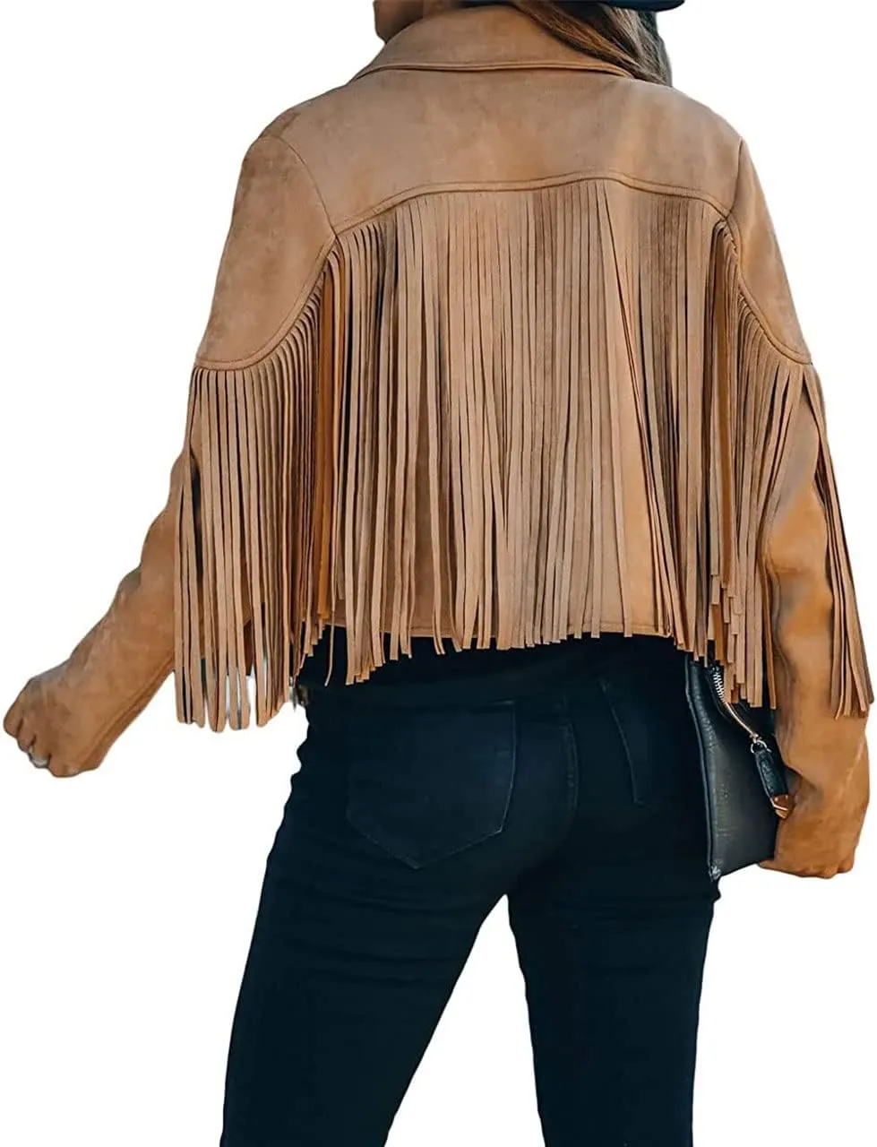 ebossy Women's Suede Fringe Jacket Long Sleeve Slim Faux Leather Boyfriend Cropped Top with Tassles