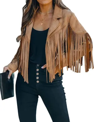 ebossy Women's Suede Fringe Jacket Long Sleeve Slim Faux Leather Boyfriend Cropped Top with Tassles