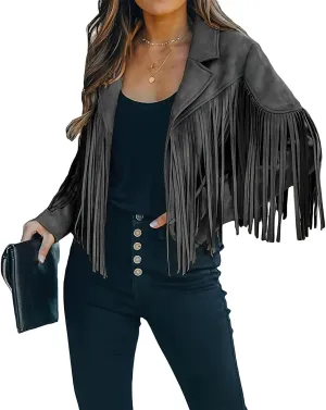 ebossy Women's Suede Fringe Jacket Long Sleeve Slim Faux Leather Boyfriend Cropped Top with Tassles